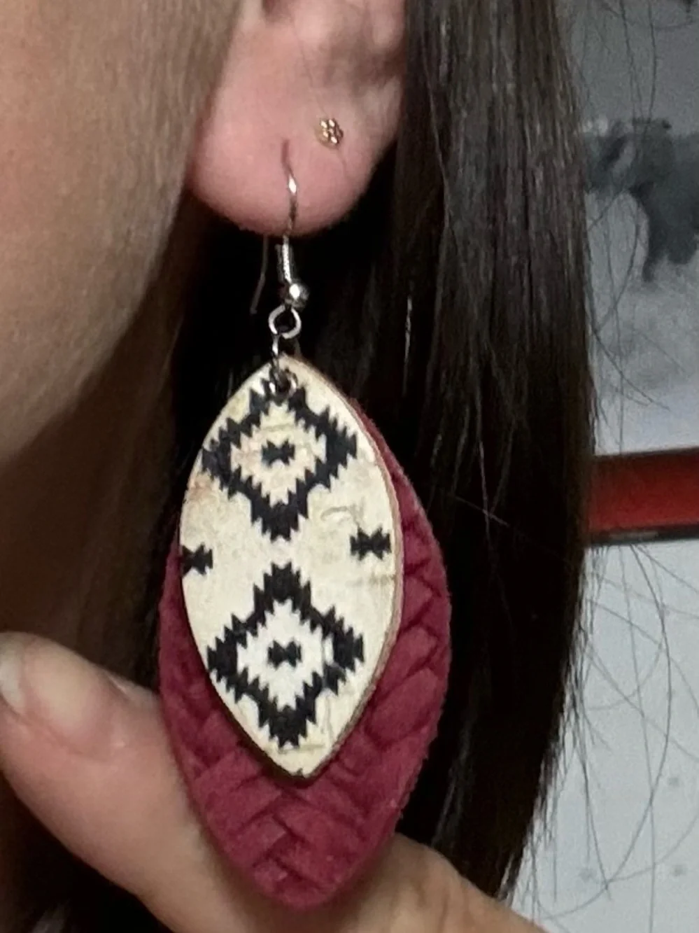 Boho Maroon and Cream Layered Leather Drop Earrings